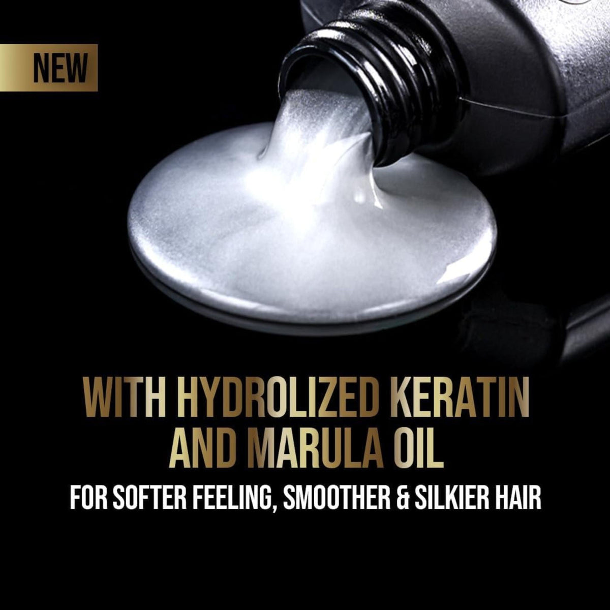 Refect Beauty Tresemme Pro Keratin Shampoo pouring out of a black bottle, showing a thick, pearlescent white texture.