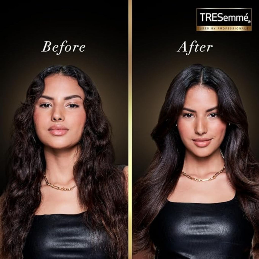 Refect Beauty before and after comparison of hair using TRESemmé Keratin Smooth Shampoo for frizz-free sleek hair