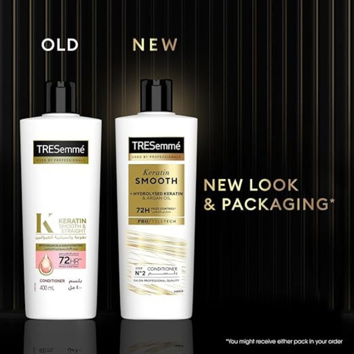 Refect Beauty TRESemmé Keratin Smooth Conditioner bottles showing old and new packaging designs side by side.