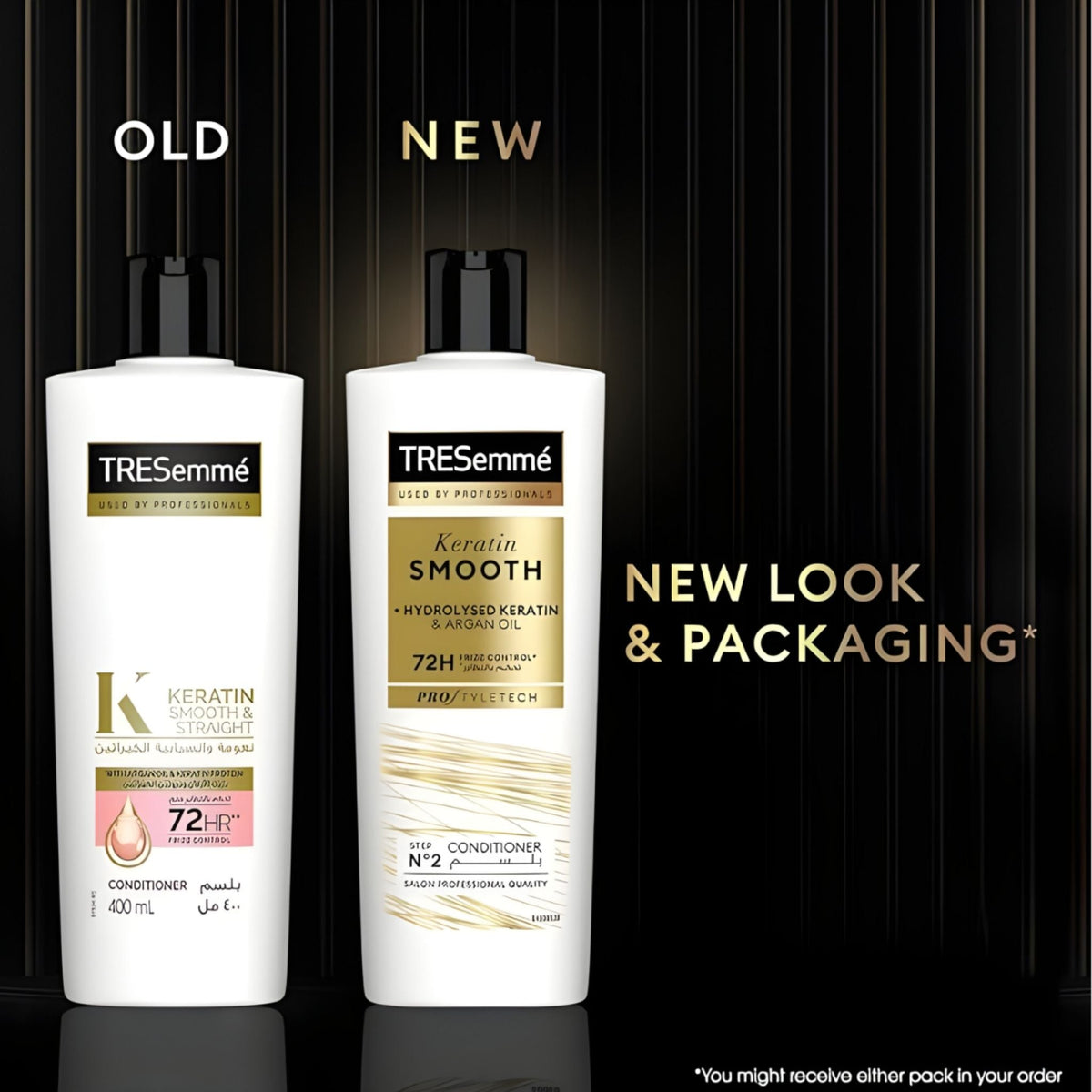 Refect Beauty Tresemme Keratin Smooth conditioner showing old and new packaging designs for frizz control hair care.
