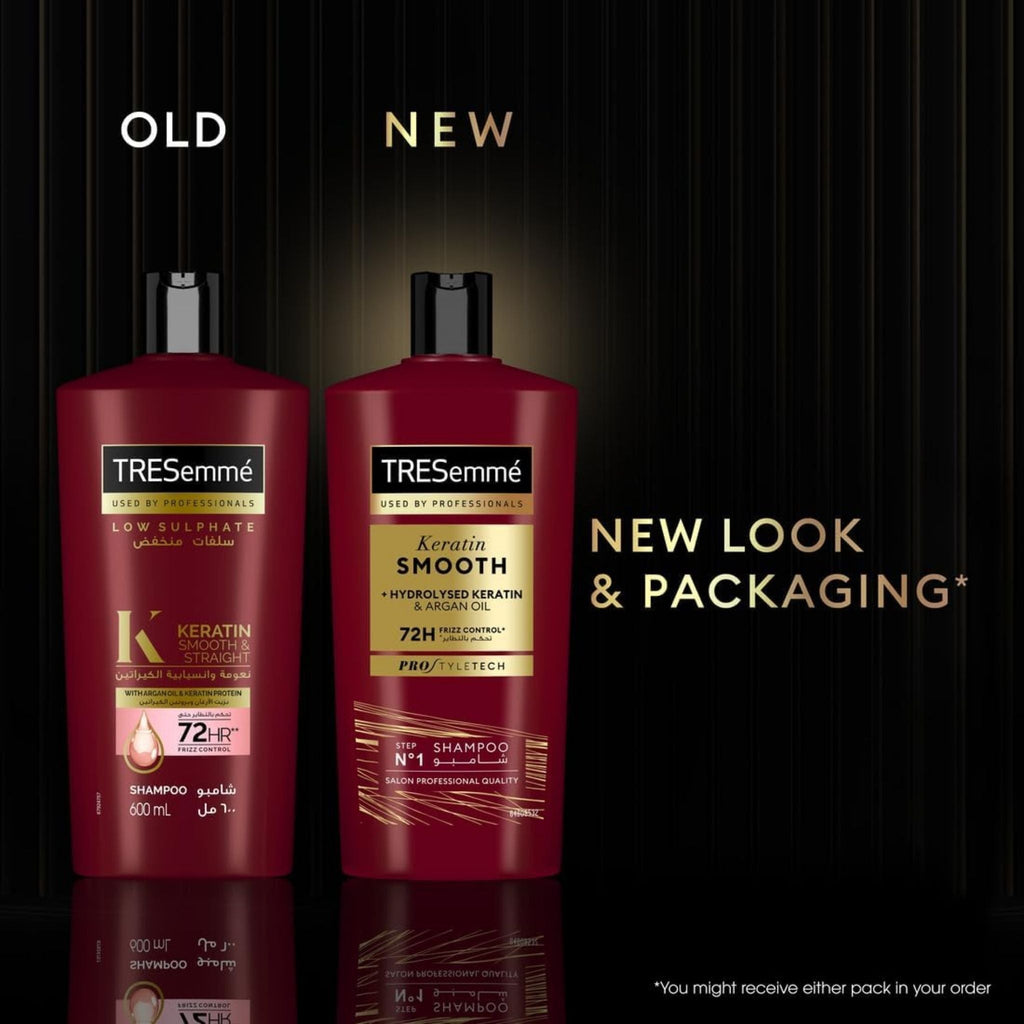 Refect Beauty TRESemmé Keratin Smooth Shampoo bottles showing old and new packaging designs for frizz control.