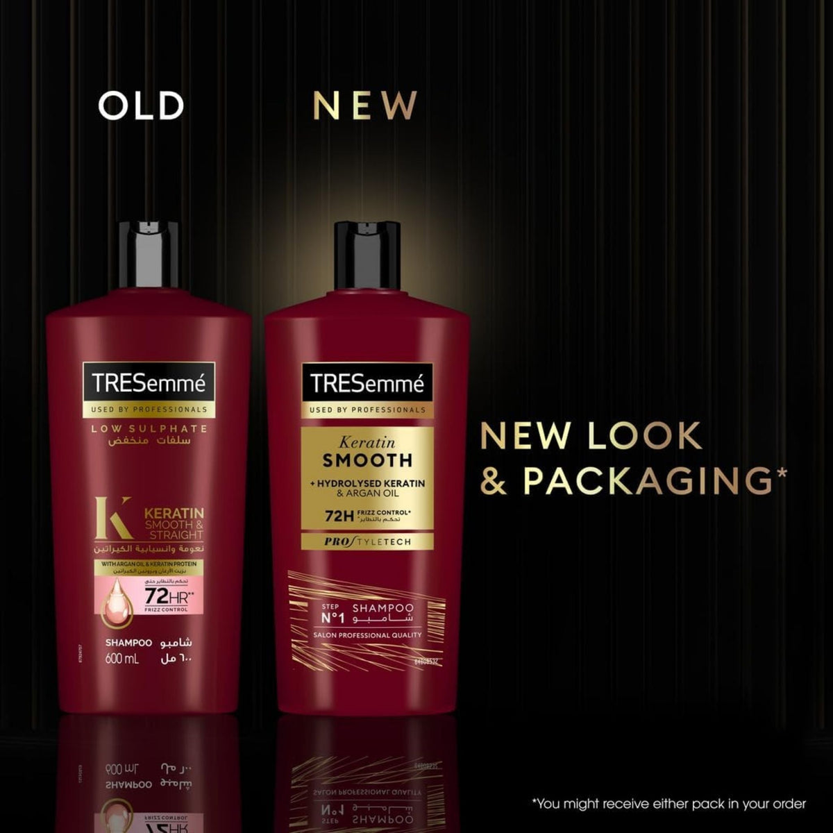 Refect Beauty TRESemmé Keratin Smooth Shampoo bottles showing old and new packaging designs for frizz control.