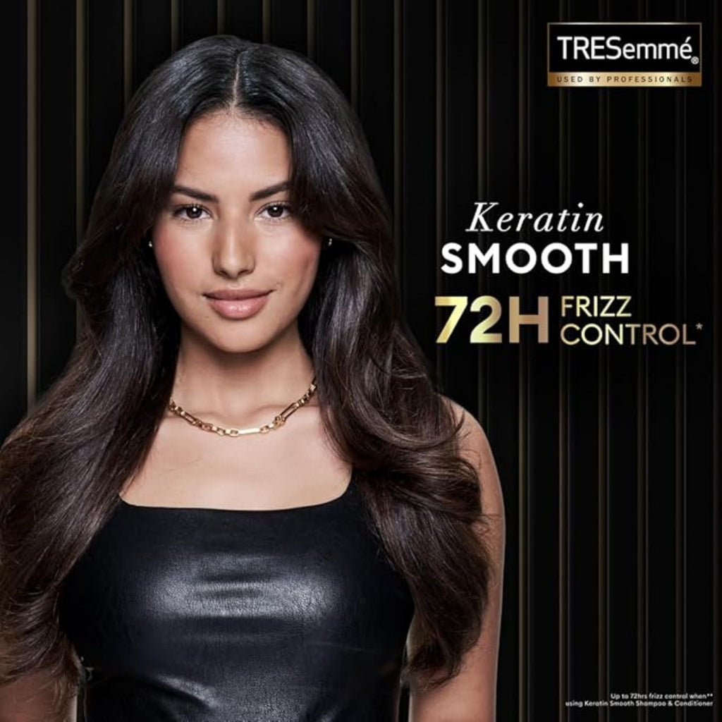 Refect Beauty TRESemmé Keratin Smooth Shampoo featuring a woman with long, sleek, shiny dark hair for frizz control.