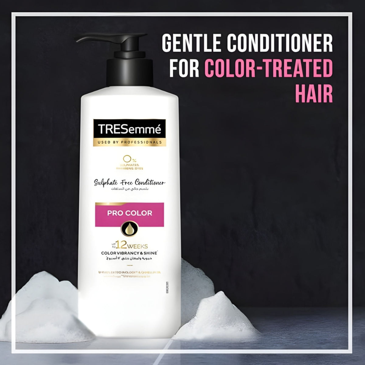 Refect Beauty Tresemme Pro Color conditioner bottle for color-treated hair with pump dispenser on a dark background.