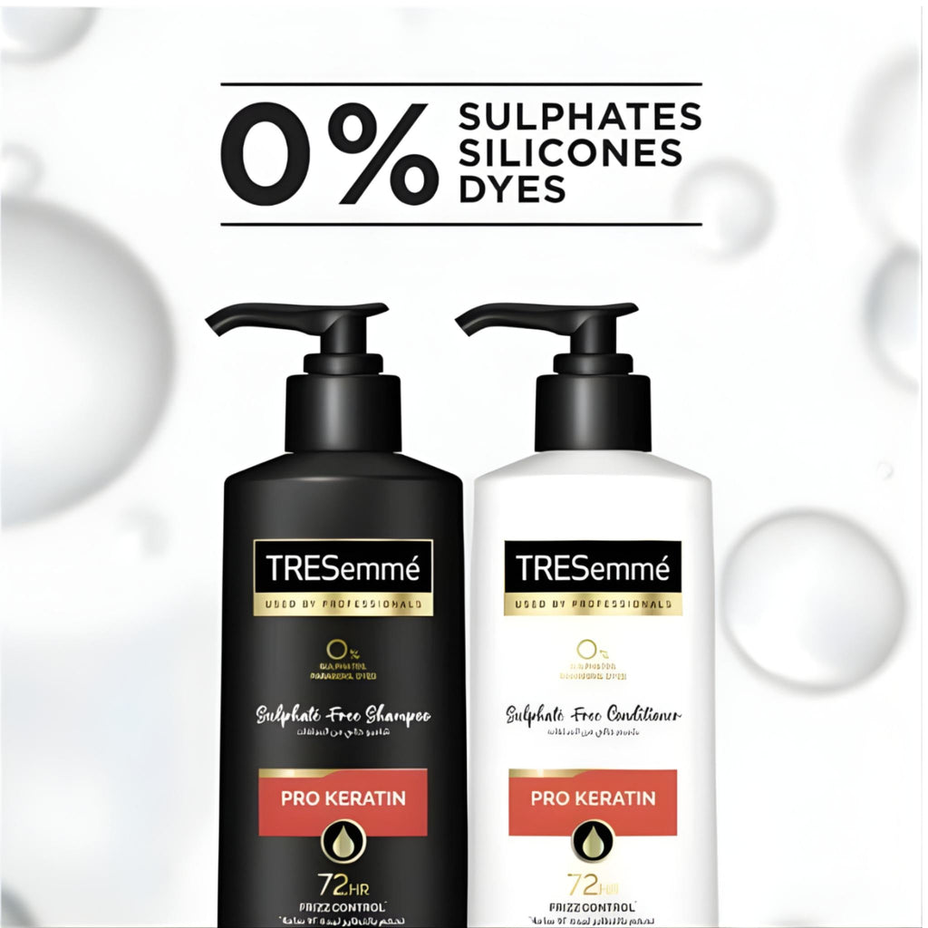 Refect Beauty Tresemme Pro Keratin shampoo and conditioner bottles with 72-hour frizz control and 0% sulphates.