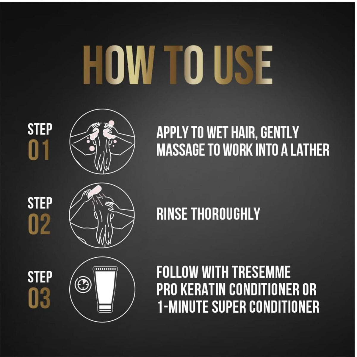 Refect Beauty instructional graphic showing three steps to use Tresemme Pro Keratin Shampoo for smooth hair