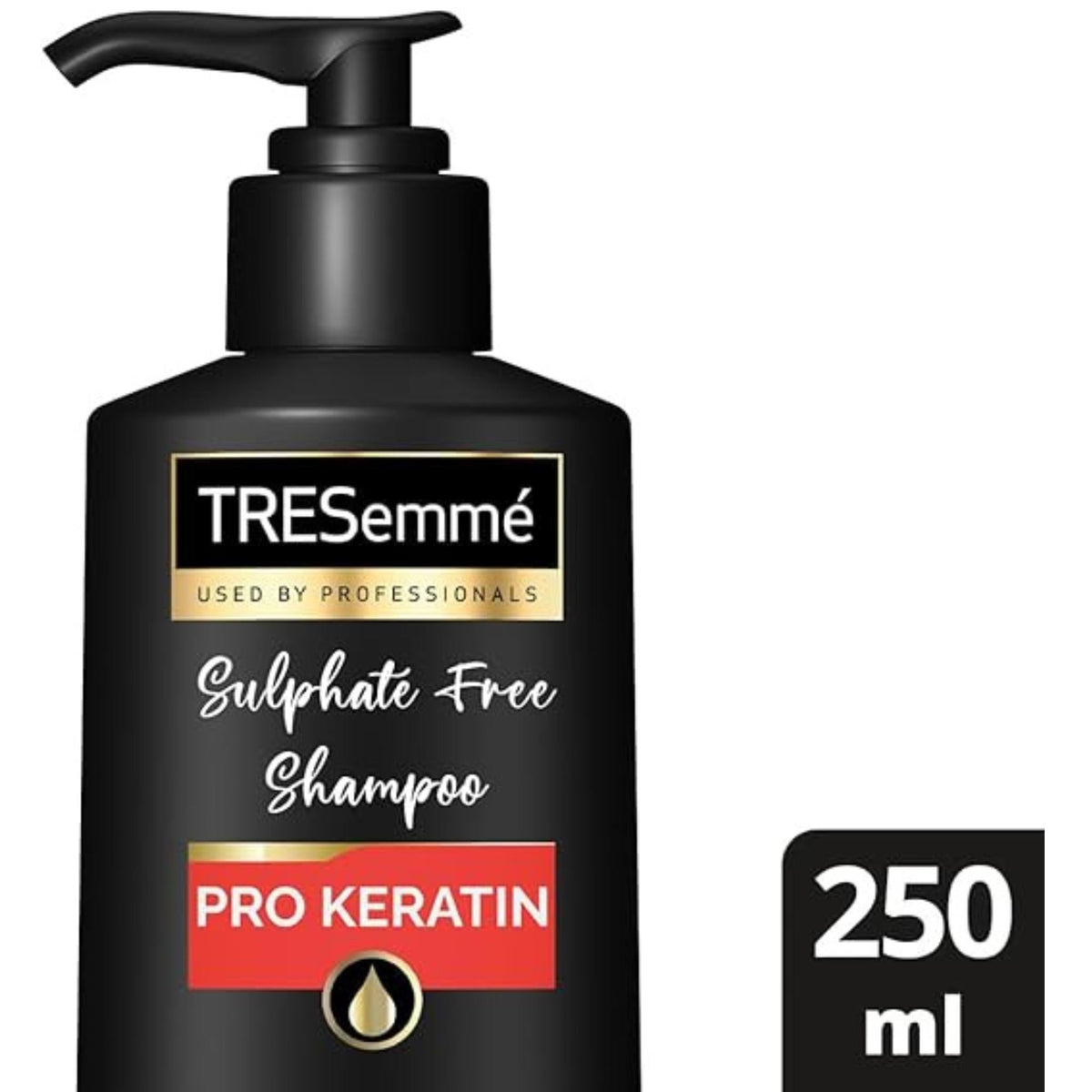 Refect Beauty Tresemme Pro Keratin sulphate free shampoo in a black 250ml pump bottle for frizz control and shine