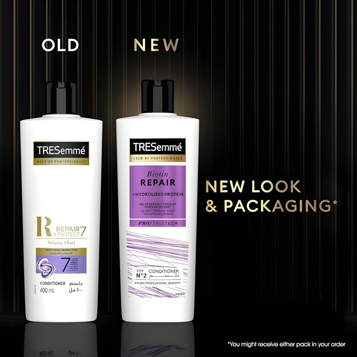 Refect Beauty Tresemme Repair & Protect 7 conditioner showing old and new packaging designs side by side.