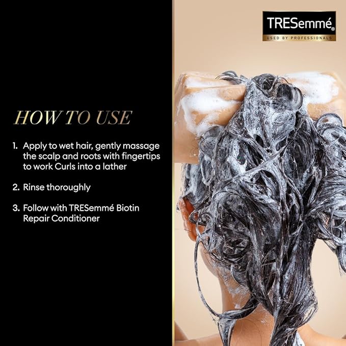 Refect Beauty Tresemme Repair 7 shampoo lathered on hair with instructions for use and brand logo