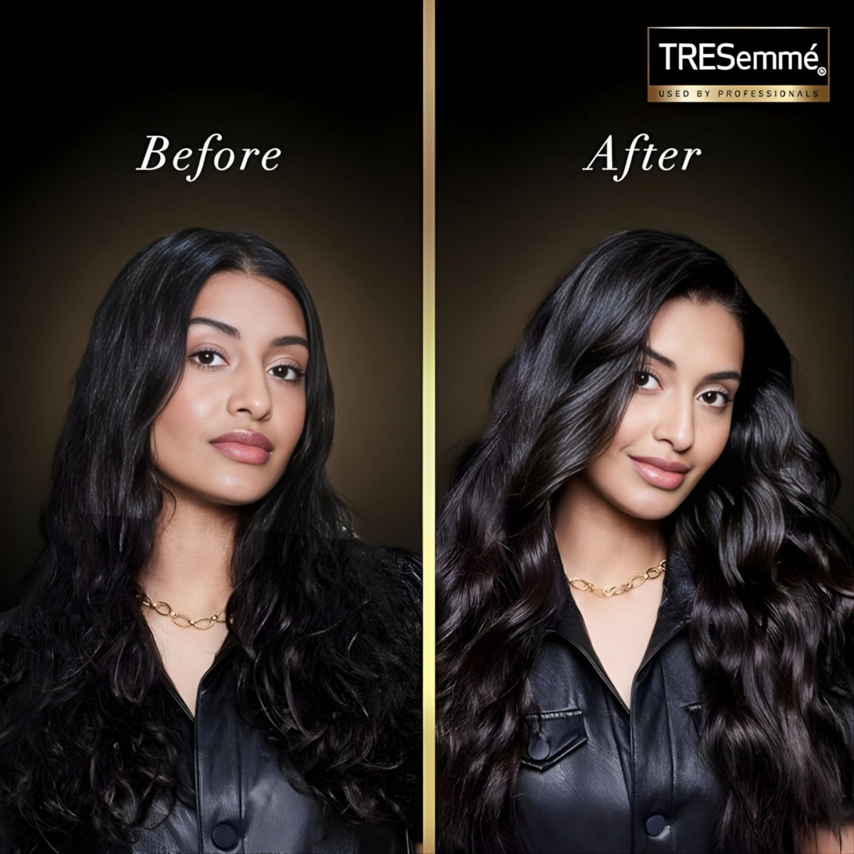 Refect Beauty Tresemme Strength and Fall Control shampoo before and after results on a woman with long dark wavy hair