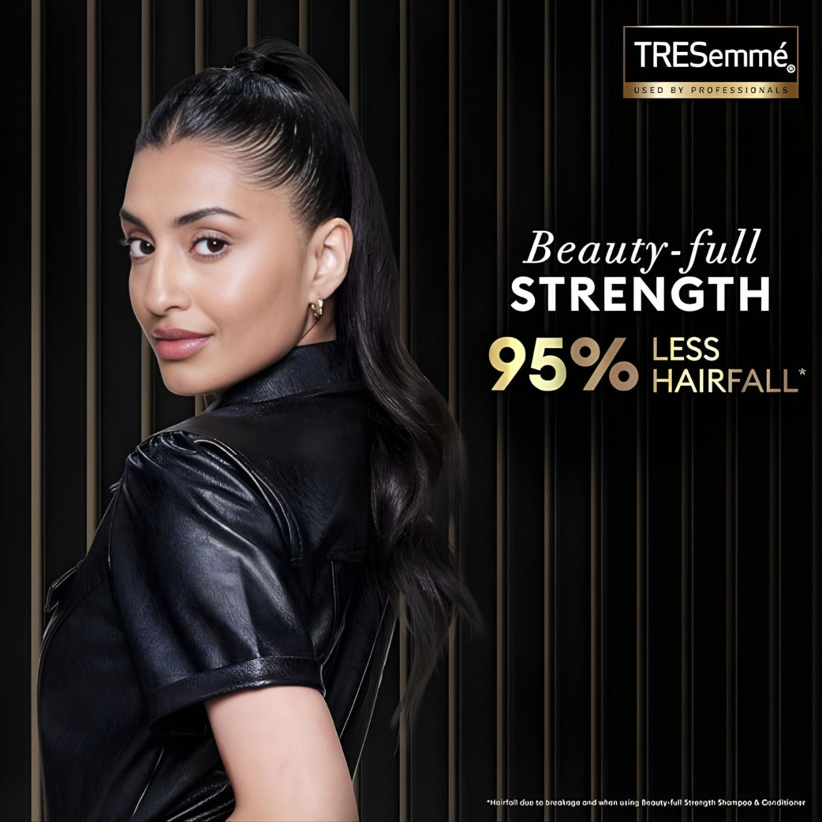 Refect Beauty Tresemme Strength & Fall Control Shampoo advertisement featuring a woman with long, healthy dark hair.