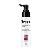 Refect Beauty Tress Follicle Booster Lotion in a white bottle with a targeted spray nozzle for hair growth treatment.