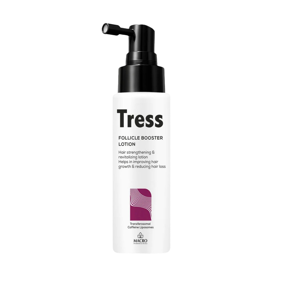Refect Beauty Tress Follicle Booster Lotion in a white bottle with a targeted spray nozzle for hair growth treatment.