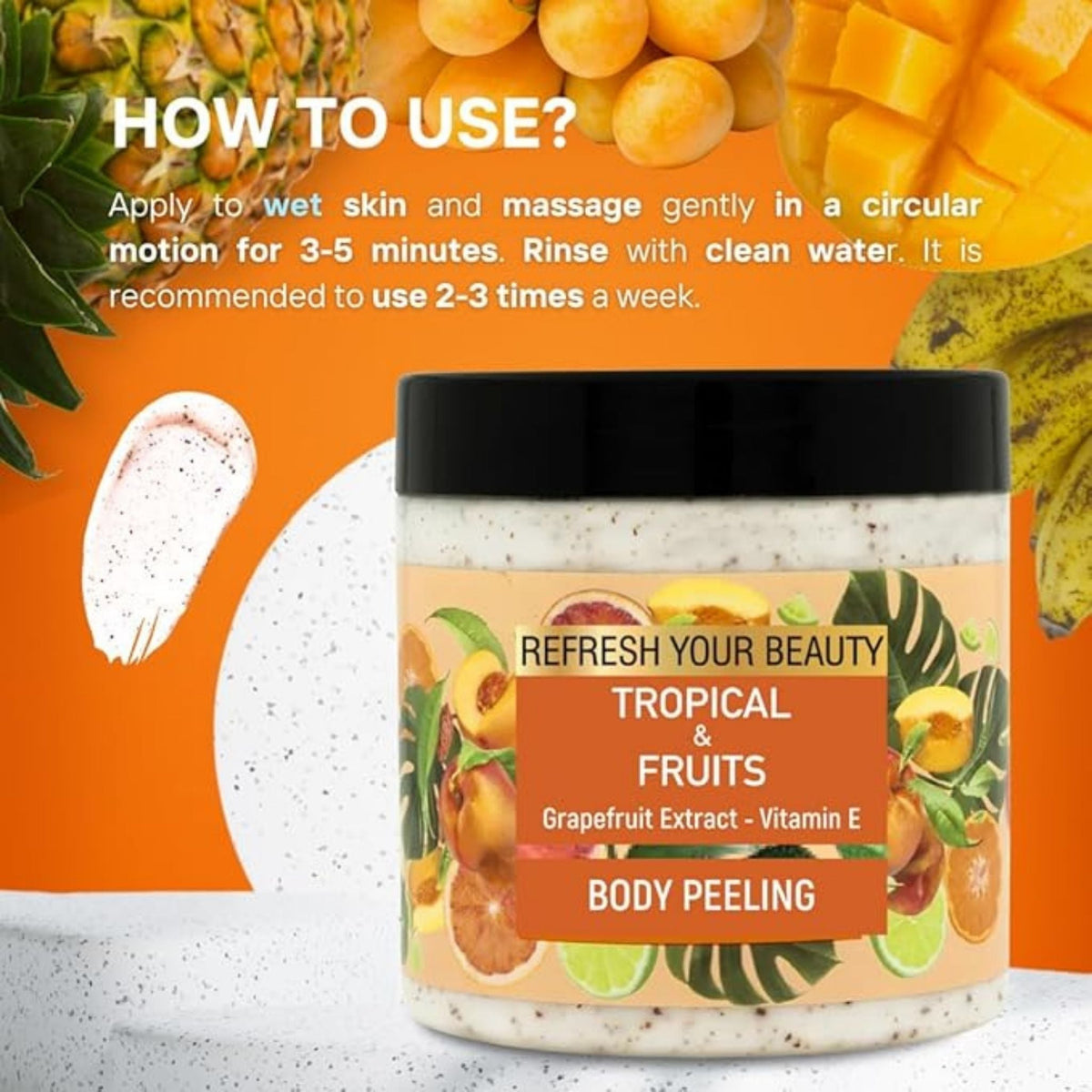Refect Beauty Oriense tropical fruit body scrub jar with exfoliating particles and vibrant fruit background