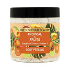 Refect Beauty Oriense tropical fruit body scrub in a jar with a black lid and vibrant fruit-patterned label