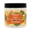 Refect Beauty Oriense tropical fruit body scrub in a jar with a black lid and vibrant fruit-patterned label