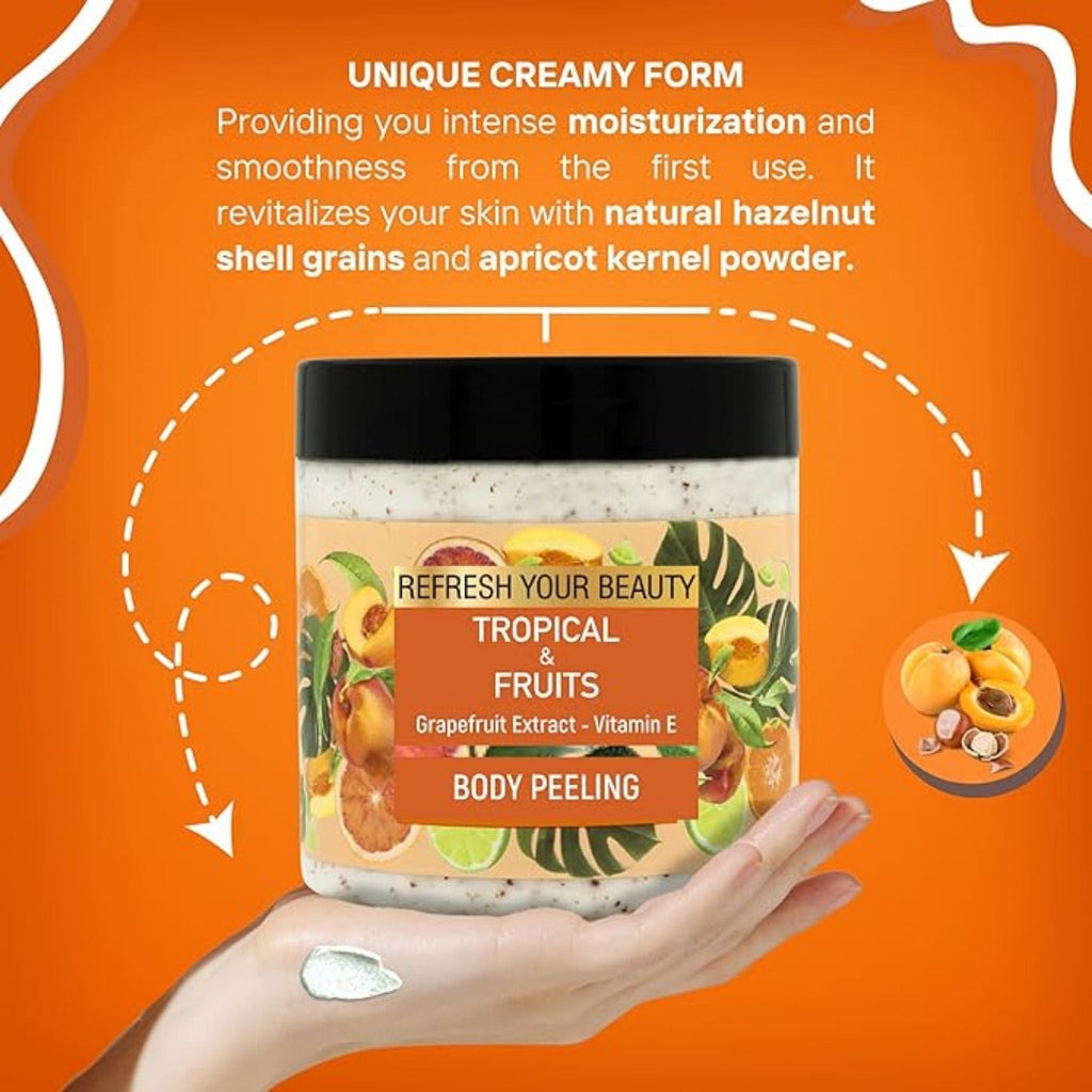 Refect Beauty Oriense tropical fruit body scrub jar held in hand with creamy exfoliating texture shown
