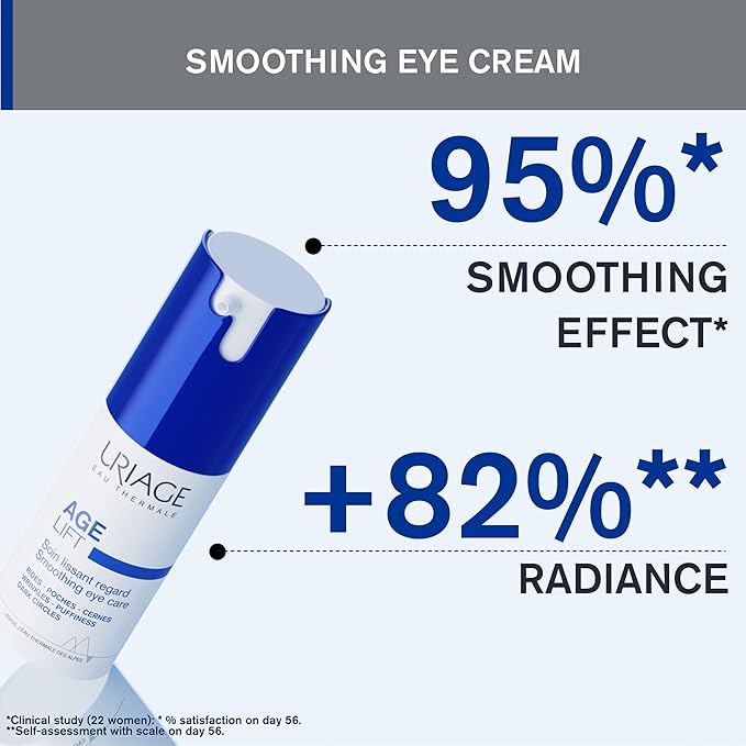 Refect Beauty Uriage Age Lift smoothing eye cream bottle with clinical results text highlighting radiance and smoothing