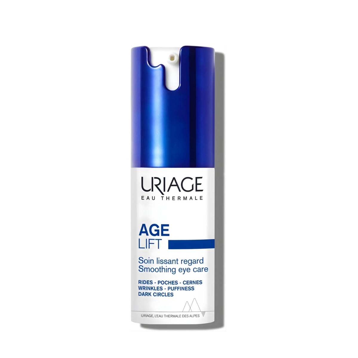 Refect Beauty Uriage Age Lift smoothing eye care cream in a white and blue pump bottle for wrinkles and dark circles.