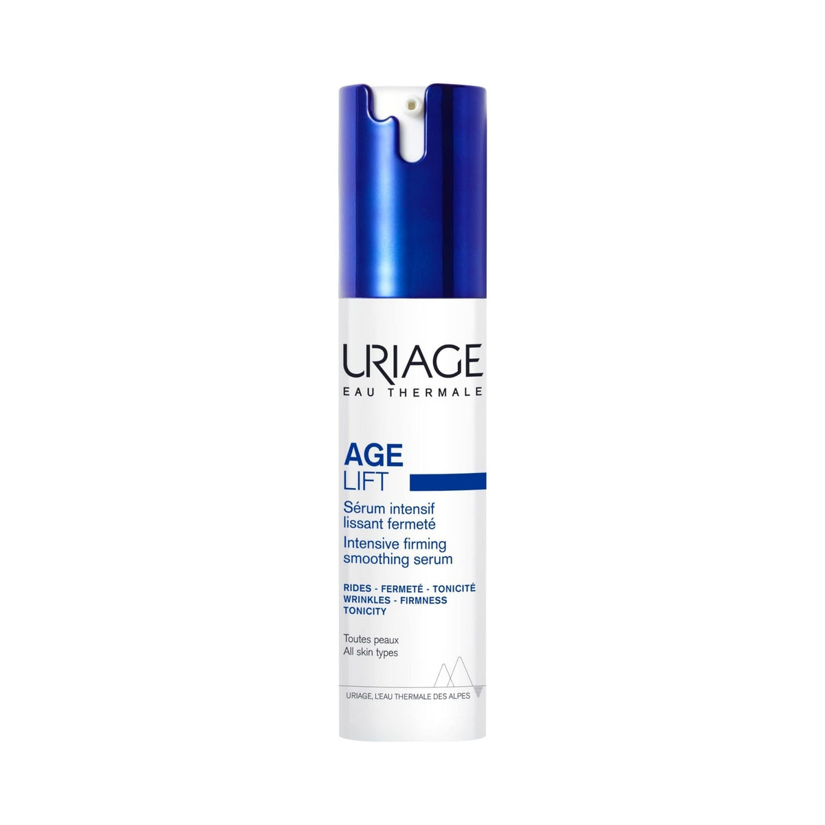 Refect Beauty Uriage Age Lift Intensive Firming Smoothing Serum in a white and blue pump bottle for anti-aging.
