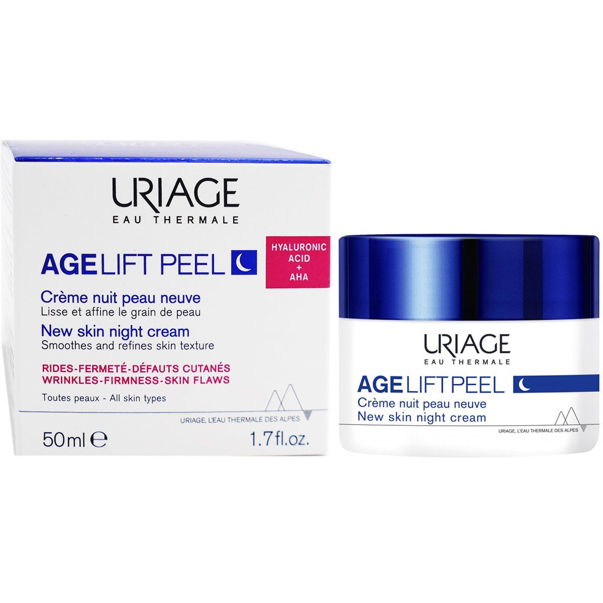 Refect Beauty Uriage Age Lift Peel night cream packaging and jar for smoothing fine lines and skin texture