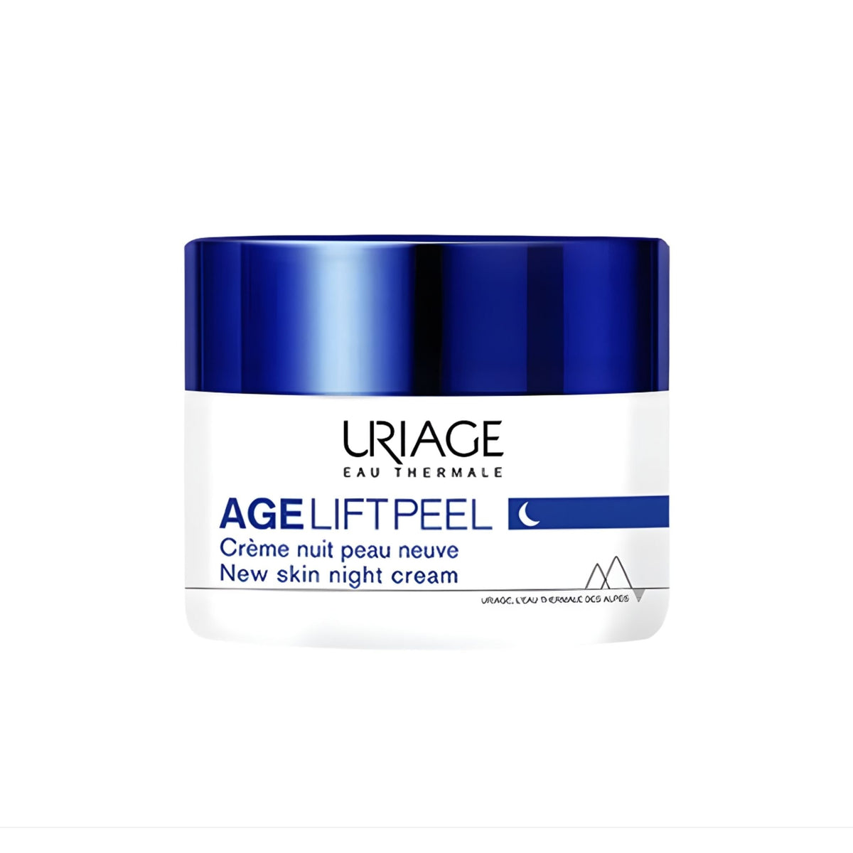 Refect Beauty Uriage Age Lift Peel night cream jar with a white base and metallic blue lid for anti-aging skincare.