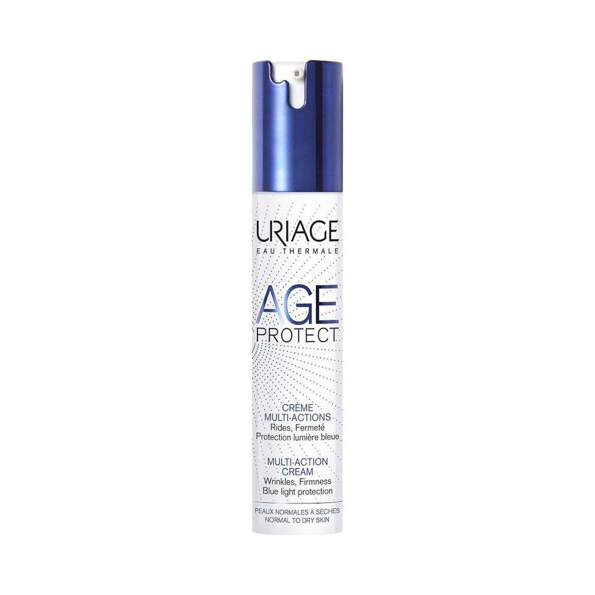 Refect Beauty Uriage Age Protect Multi-Action Cream in a white and blue pump bottle for anti-aging skincare.