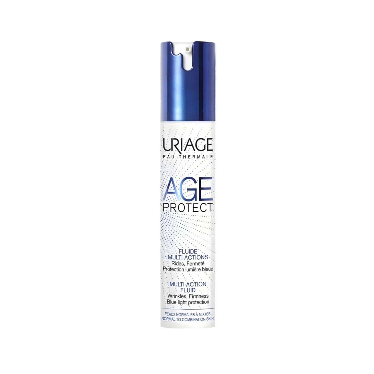 Refect Beauty Uriage Age Protect multi-action smoothing day fluid in a white and blue pump bottle for face care.