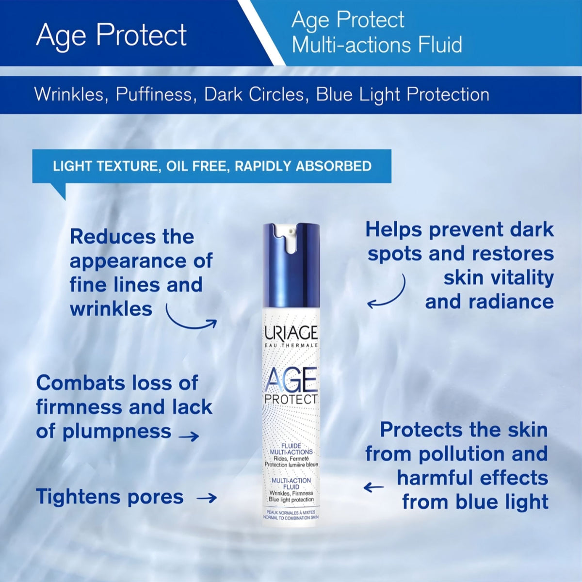 Refect Beauty Uriage Age Protect multi-action anti-aging day fluid bottle with blue and white packaging