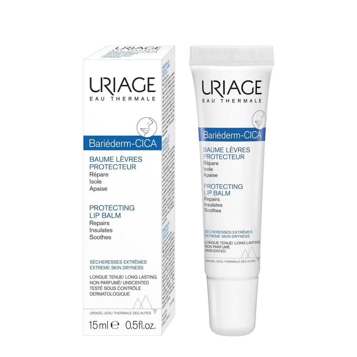 Refect Beauty Uriage Bariederm Cica-Lips protecting lip balm tube and box for repairing dry and chapped lips