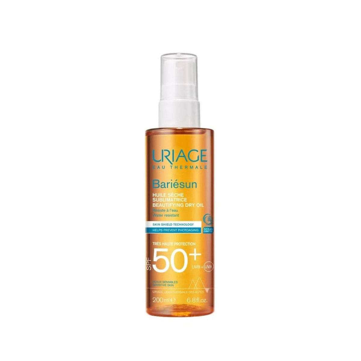 Refect Beauty Uriage Bariesun SPF 50+ dry oil sunscreen spray in a 200ml bottle for face and body protection