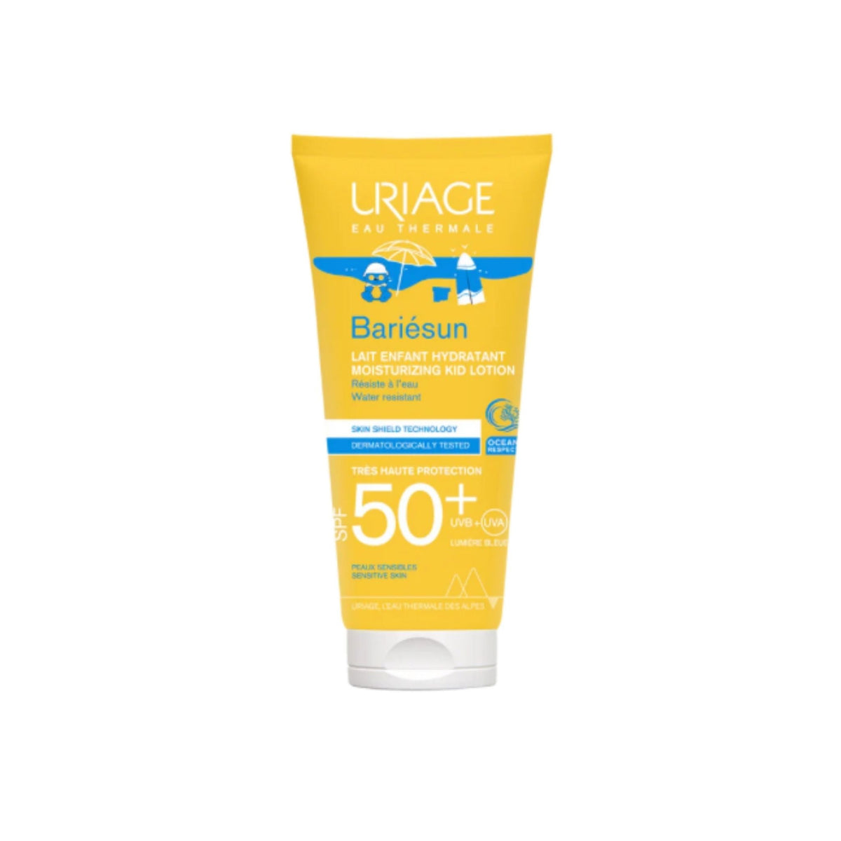 Refect Beauty Uriage Bariésun SPF50+ moisturizing sunscreen lotion for kids in a yellow squeeze tube.