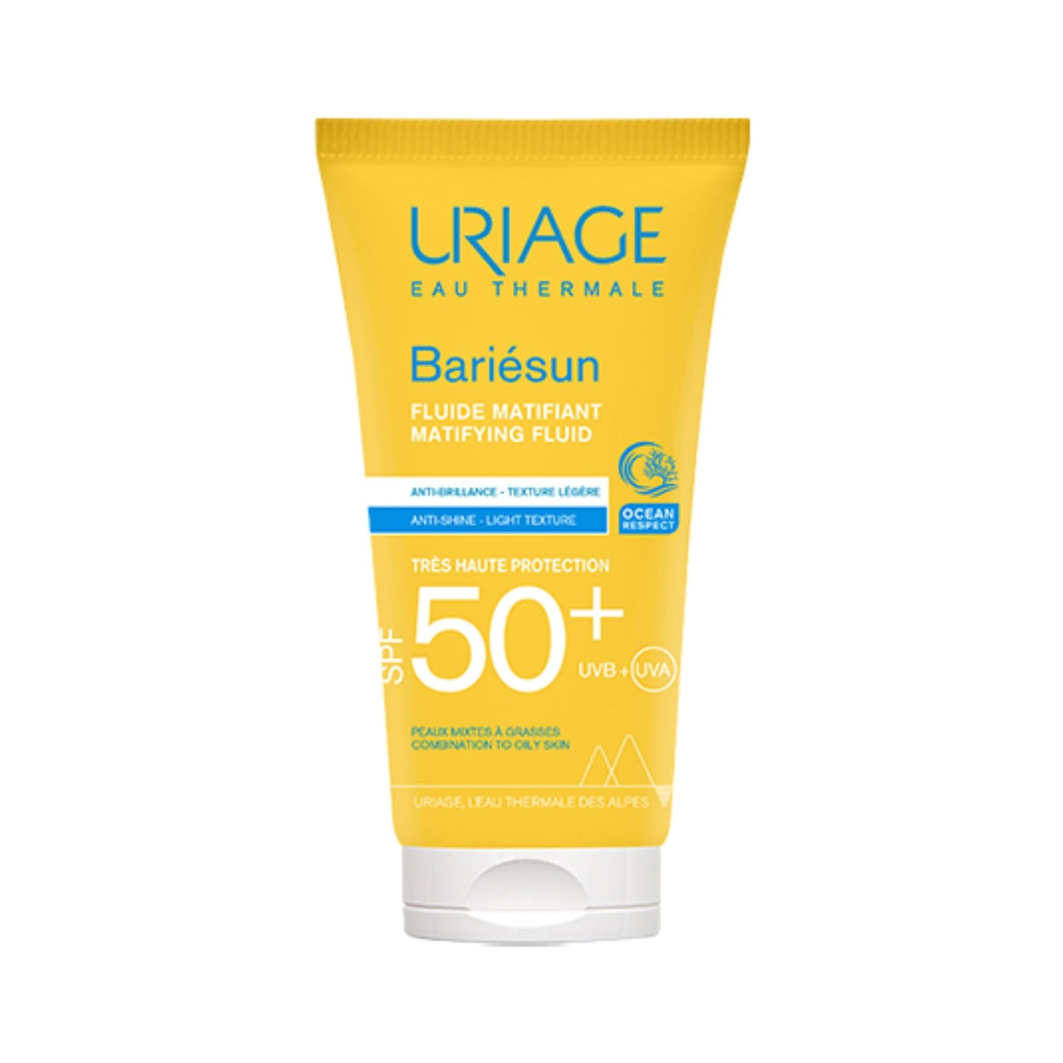 Refect Beauty Uriage Bariesun Matifying Fluid SPF 50+ sunscreen in a yellow tube for combination to oily skin.