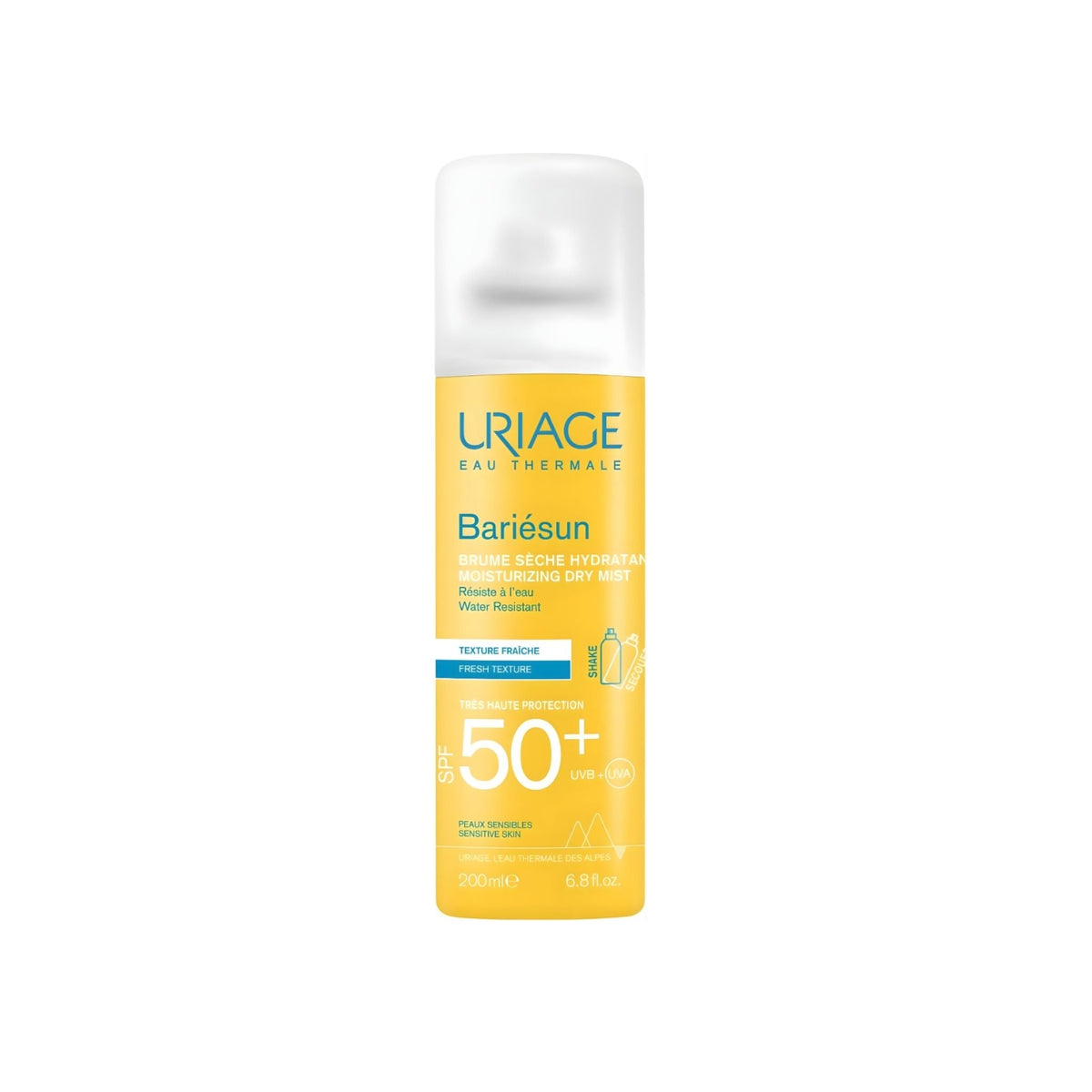 Refect Beauty Uriage Bariesun SPF50+ moisturizing sunscreen spray for face and body in a yellow 200ml bottle