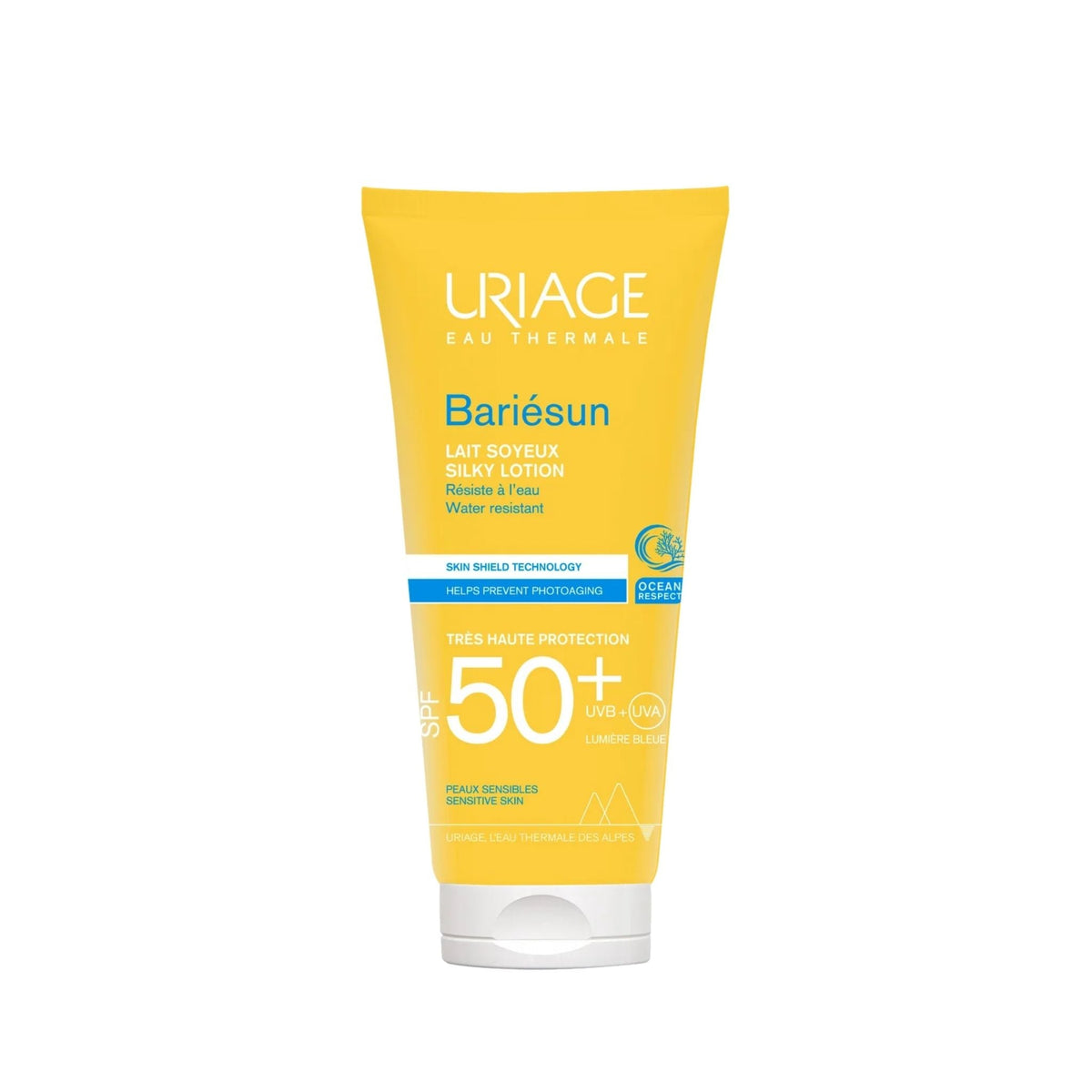 Refect Beauty Uriage BarieSun SPF 50+ silky milk sunscreen for sensitive skin in a yellow squeeze tube
