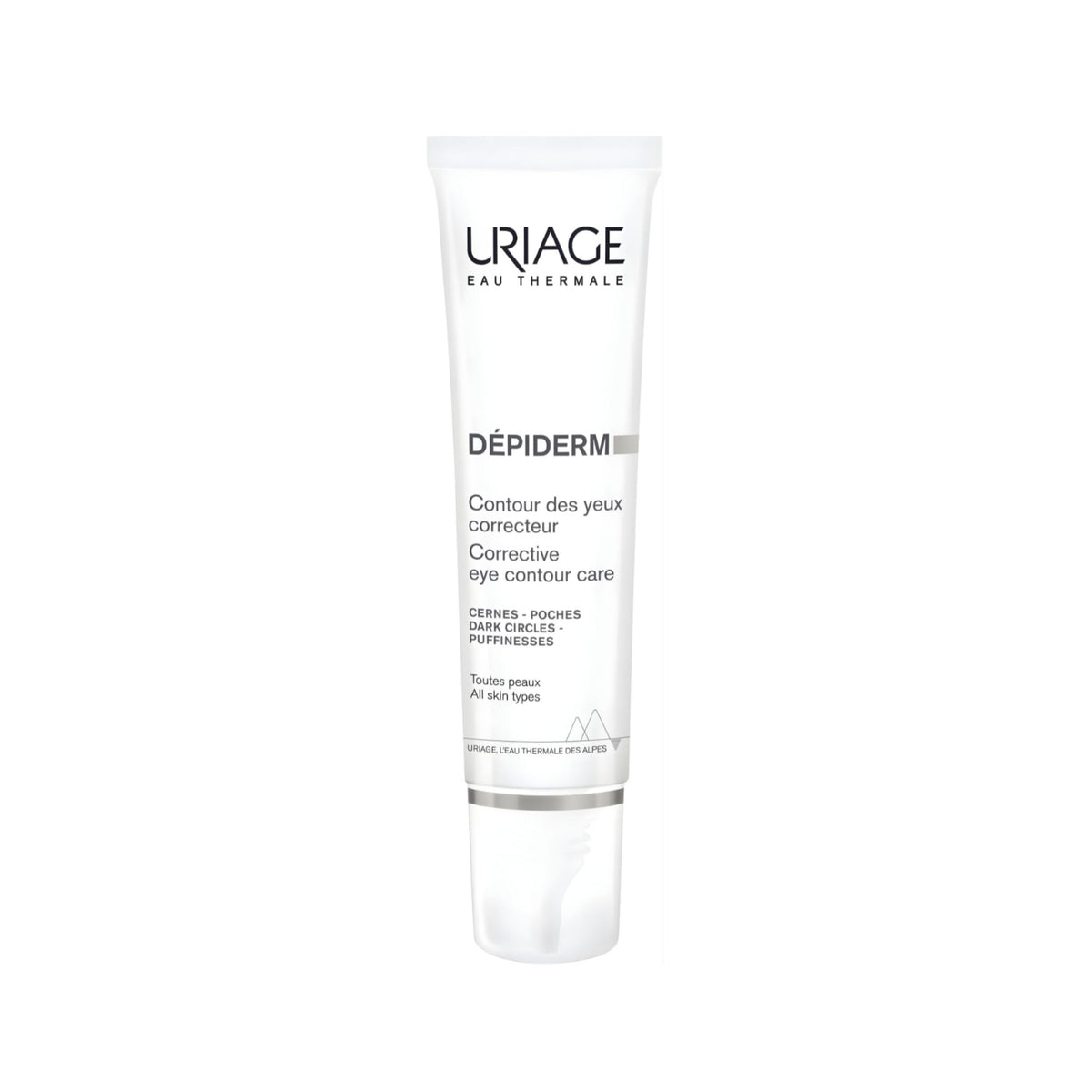 Refect Beauty Uriage Depiderm eye contour care cream in a white squeeze tube for dark circles and puffiness.