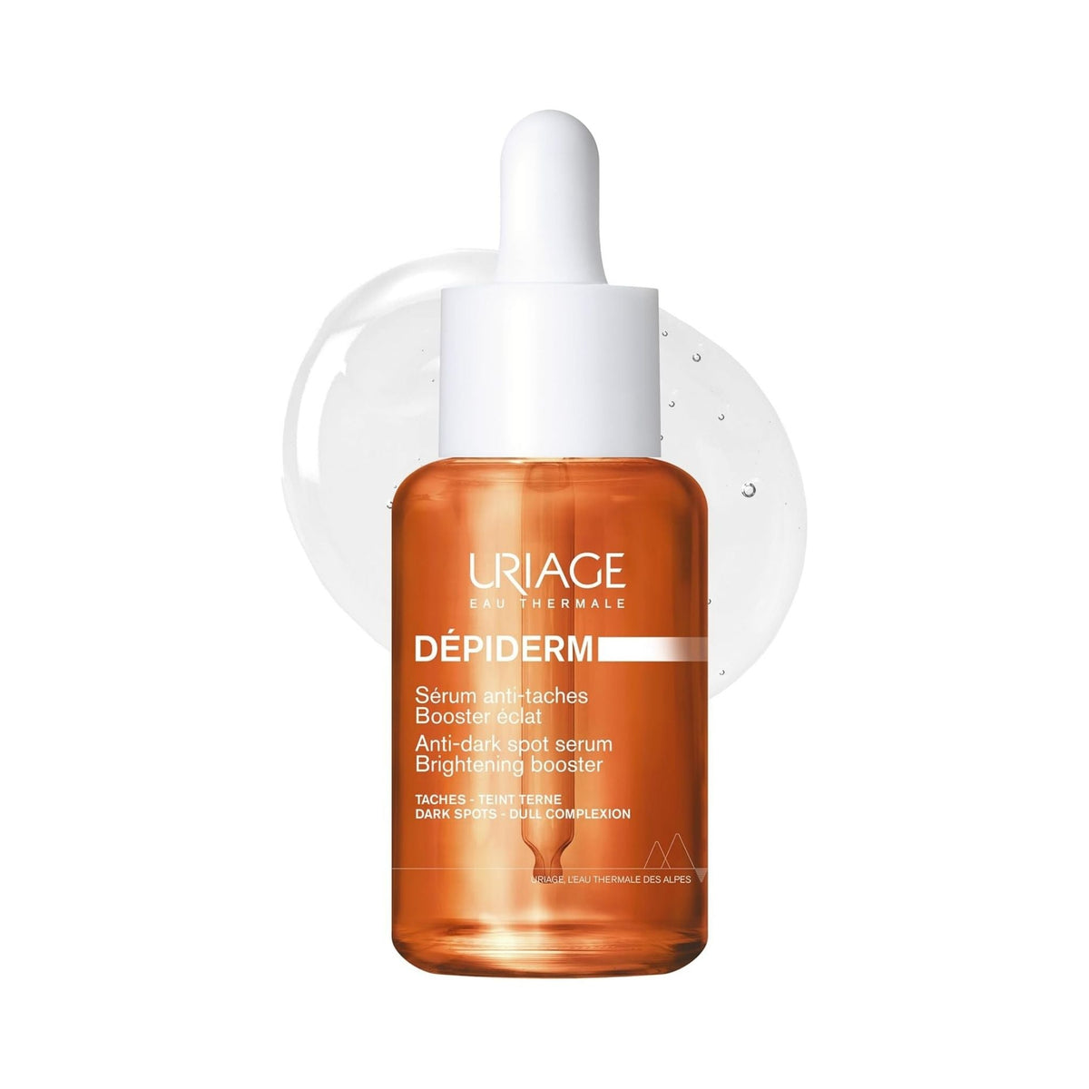 Refect Beauty Uriage Depiderm anti-dark spot serum in an amber glass bottle with a white dropper cap