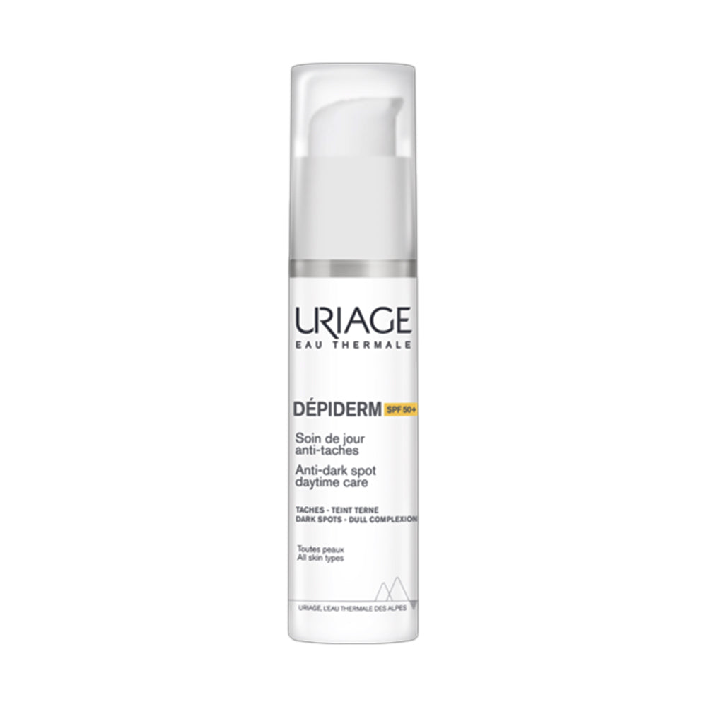 Refect Beauty Uriage Depiderm Anti Dark Spot Daytime Care SPF 50+ cream in a white pump bottle for even skin tone.