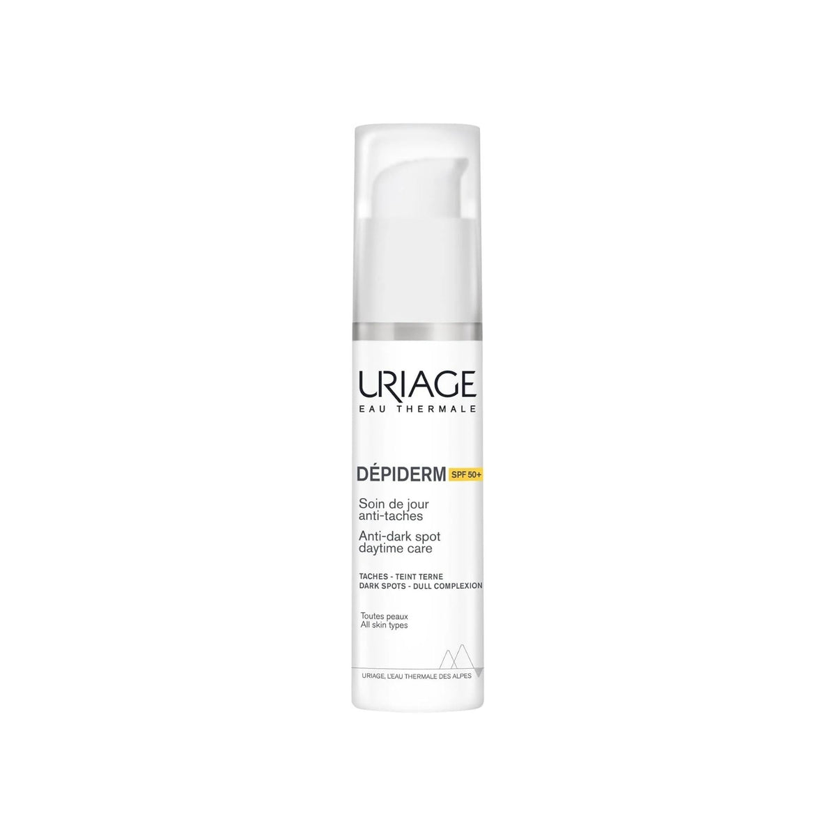 Refect Beauty Uriage Depiderm anti-dark spot daytime care cream with SPF 50+ in a white pump bottle.
