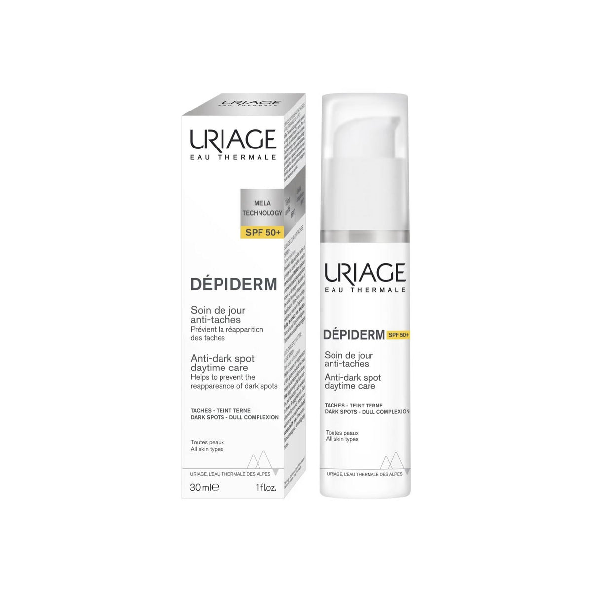 Refect Beauty Uriage Depiderm SPF 50+ anti-dark spot day cream bottle and packaging box for radiant skin tone.
