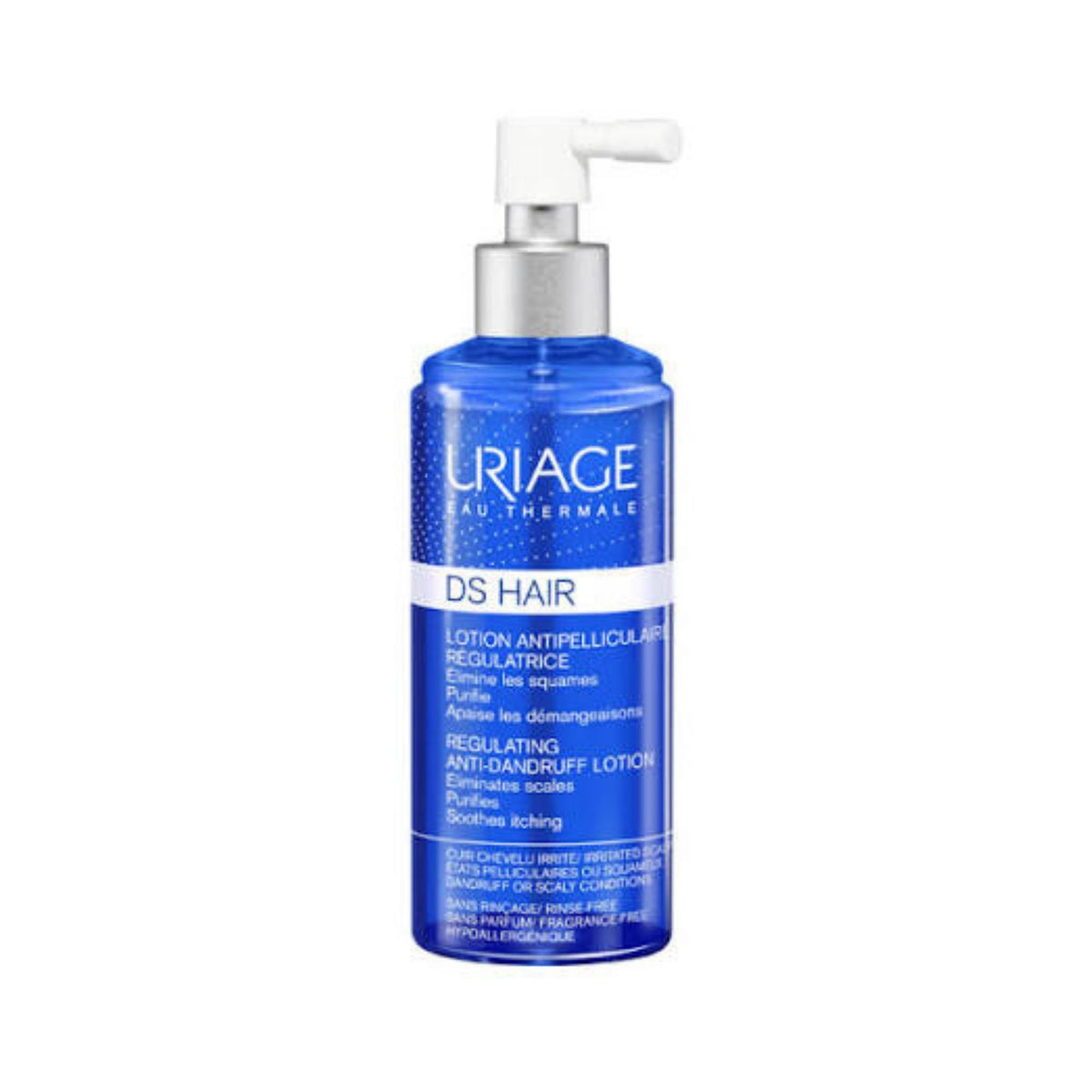 Refect Beauty Uriage DS HAIR Regulating Anti-Dandruff Lotion in a blue spray bottle for scalp treatment.
