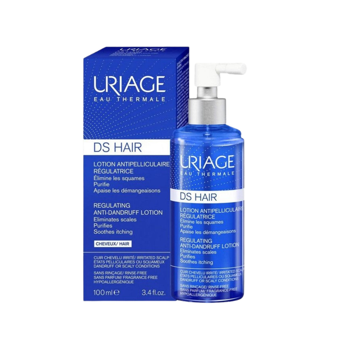Refect Beauty Uriage DS HAIR regulating anti-dandruff lotion bottle and box for soothing irritated, flaky scalps.