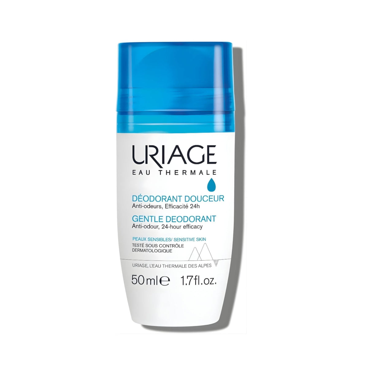 Refect Beauty Uriage Extra-Gentle Deodorant roll-on for sensitive skin in a white and blue 50ml bottle.