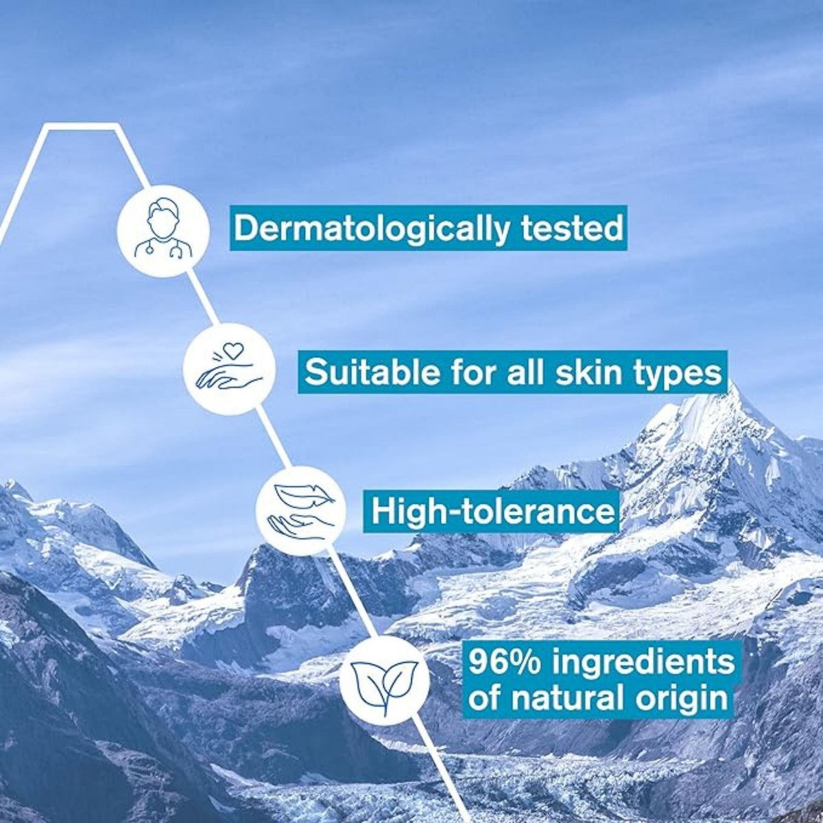 Refect Beauty Uriage Glow Up Water Essence benefits infographic featuring mountain background and natural ingredients