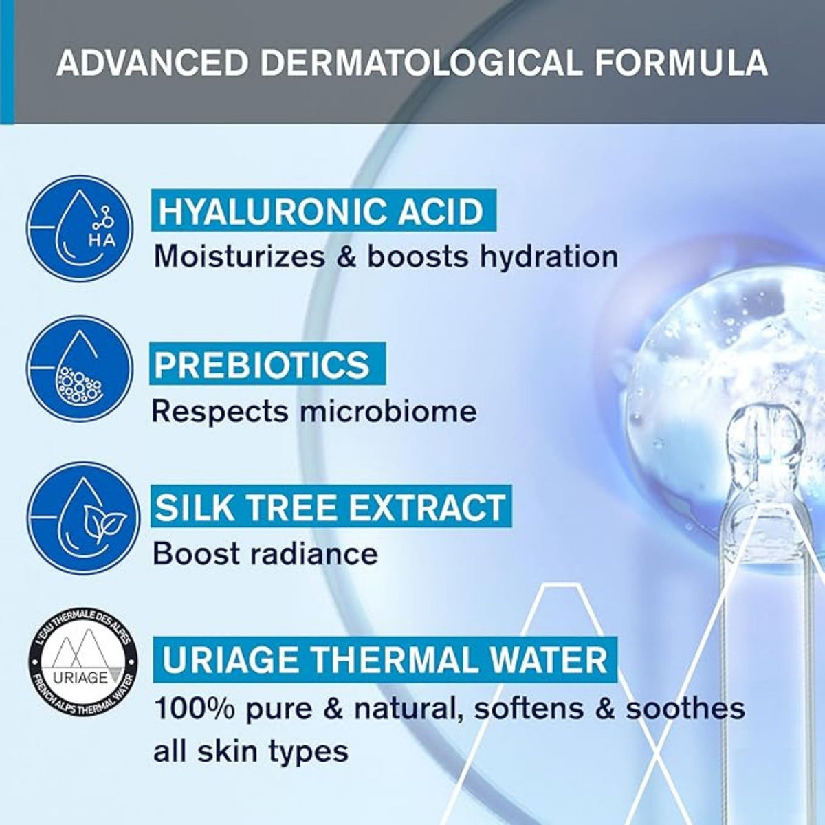 Refect Beauty Uriage Glow Up Water Essence infographic showing key ingredients like hyaluronic acid and thermal water.