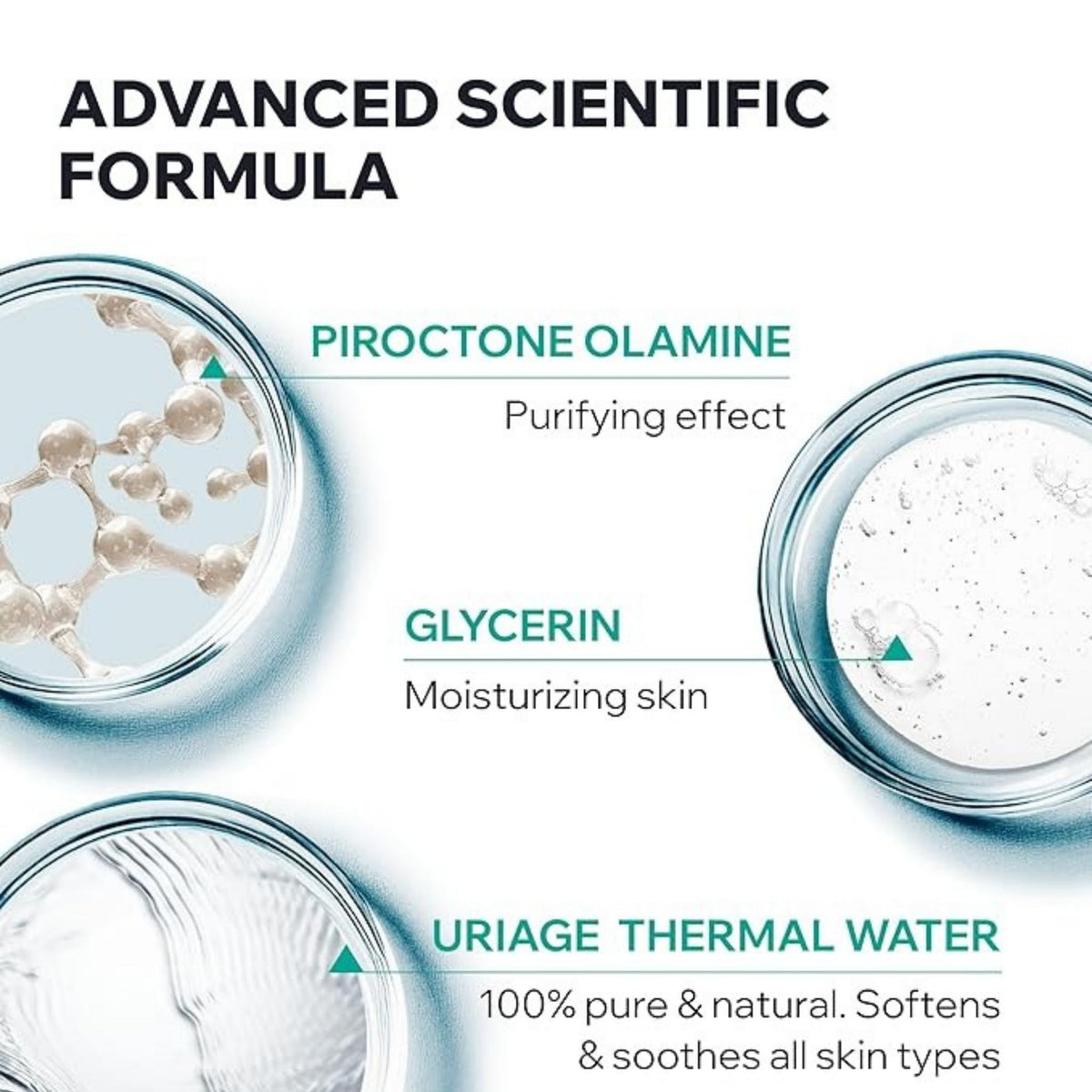 Refect Beauty Uriage Hyseac cleansing gel ingredients infographic showing molecular structure and gel texture