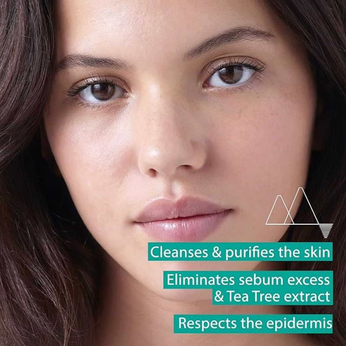 Refect Beauty Uriage Hyséac face cleansing gel for oily skin shown with a model and key product benefits text overlay
