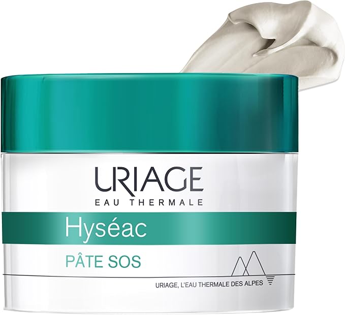Refect Beauty Uriage Hyseac Pâte SOS targeted blemish treatment cream in a white jar with a teal lid.