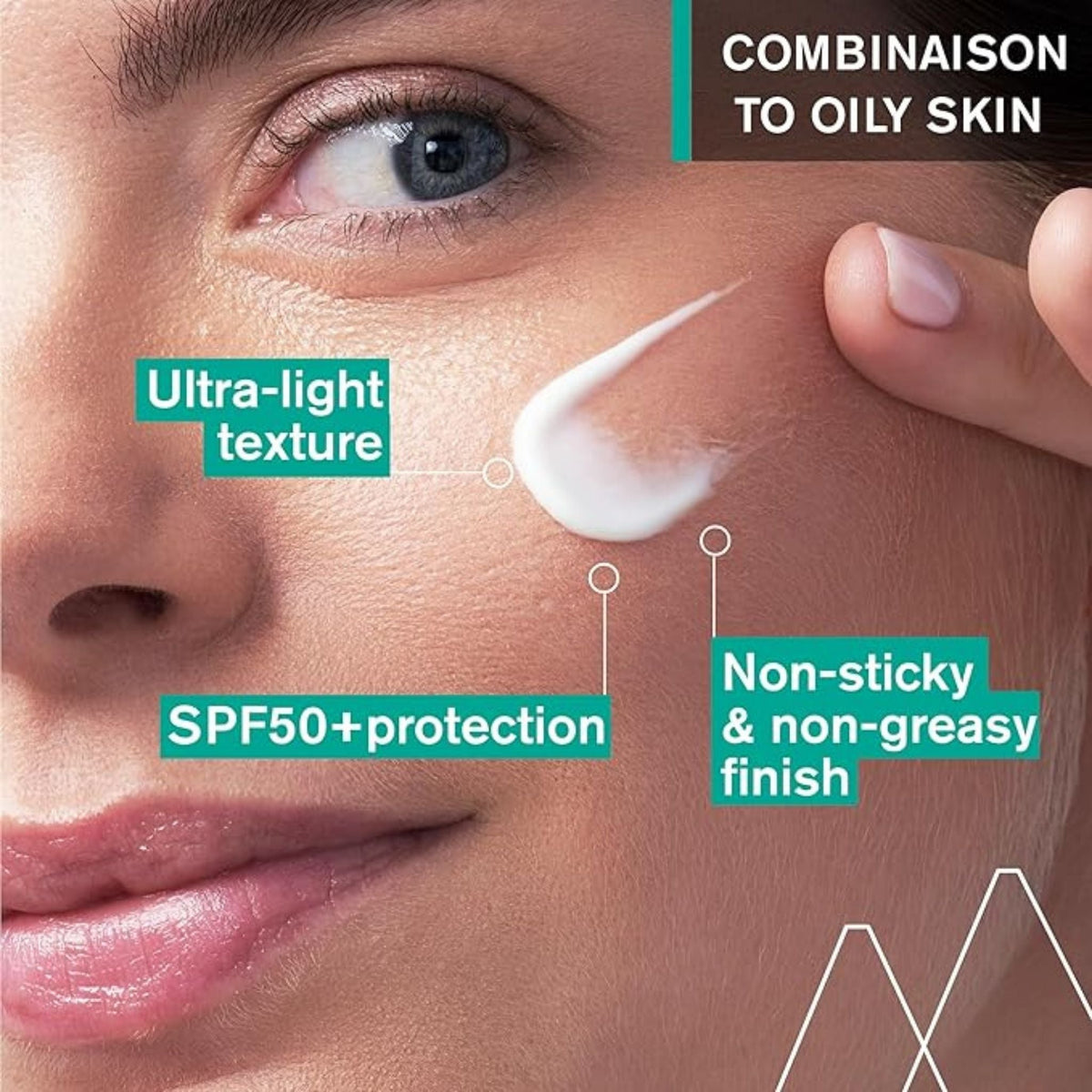 Refect Beauty Uriage Hyseac SPF50+ fluid applied to a woman's cheek showing a lightweight, non-greasy texture.