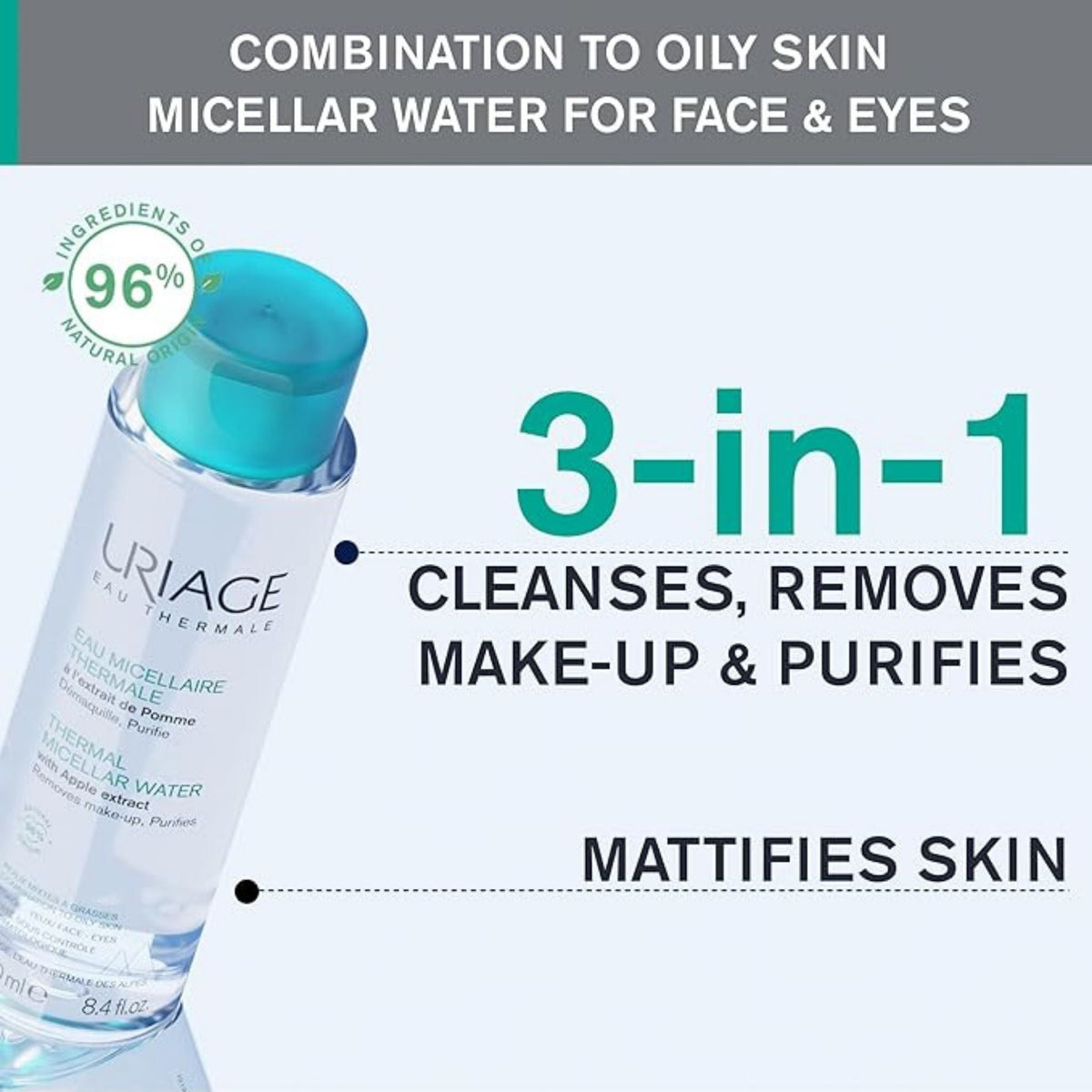Refect Beauty Uriage Thermal Micellar Water for combination to oily skin, cleanses, removes makeup, and mattifies.
